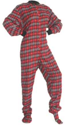 Red & Grey Plaid Flannel w/ Hearts Adult footie Footed Pajamas w/ Drop-seat
