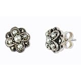 Four Petal Cross-stitch Silver Natural Seed Pearl Stud Earrings - by Dahlia Vintage Jewelry Collection