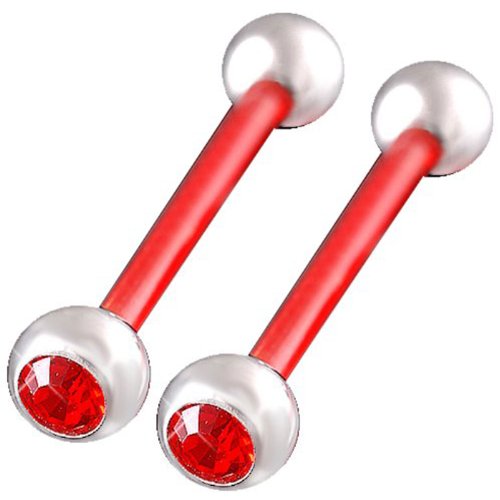 14g 14 gauge 1.6mm, 5/8" inch 16mm long - Red flexible acrylic tongue bars bar tounge nipple barbell ear rings with 6mm stainless steel balls and Swarovski Crystal Jeweled Light Siam - Pierced Body Piercing Jewelry Jewellery - Set of 2 ALTG