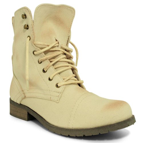 New Beige Canvas Army Military Combat Worker Flat Lace Ankle Boots Sz 3-8