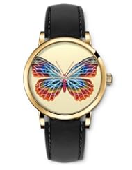 Analog Gold Women Watches Black Leather Wristband - Colorful Butterfly