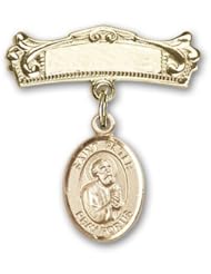 14K Gold Baby Badge with St. Peter the Apostle Charm and Arched Polished Badge Pin
