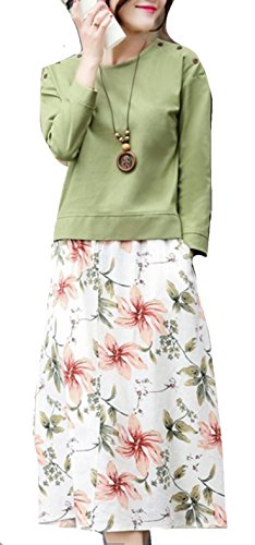 秋冬物 レディース 長袖 シャツ Uネック カットソー ひざ丈フレア 花柄スカート ツーピース セットアップ ナチュラル 清楚 ガーリー ビジネス カジュアル 大人 オリジナルアクセサリー付属 EVM0349