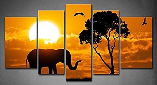 Flora Woods Painting 5 Panels Yellow Orange Silhouette Of Elephant With Bird And Tree Painting Picture Print On Canvas Animal Pictures
