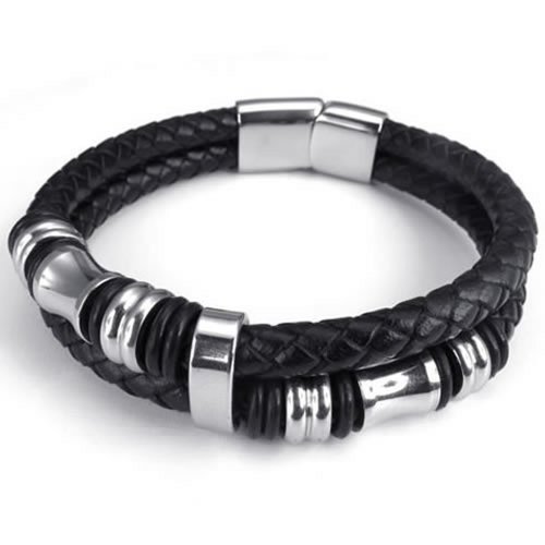 KONOV Leather Mens Bracelet Stainless Steel Charms Clasp, Black Silver - 8