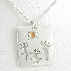 Three Dancing Celestial Goddesses Pendant in Sterling Silver with Citrine Gemstone, on an 18" Snake Chain, #8568
