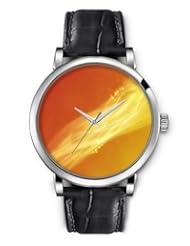SPRAWL Aanalog Fashion Series Silver Ladies Watches of Genuine Black Leather Strap,Unique Wrist Watch for Women Girls Designed with Waves on orange and yellow background