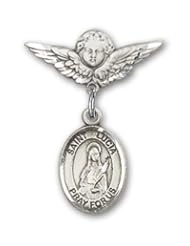Sterling Silver Baby Badge with St. Lucia of Syracuse Charm and Angel with Wings Badge Pin