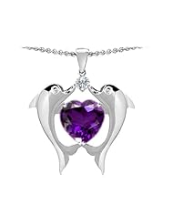 Original Star K (tm) Kissing Dolphins Pendant With Heart Shape Simulated Amethyst in .925 Sterling Silver