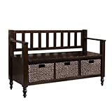 Simpli Home Dakota Entryway Storage Bench w/ 3 Hyacinth Baskets, Dark Brown