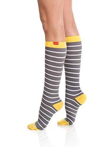 VIM & VIGR Stylish Compression Socks - Women's Nylon Socks - Grey & White Stripe with Yellow Hee l- Medium 7.5-9
