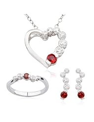 Rhodium Plated Sterling Silver Genuine Garnet Heart Pendant, 18", Earring, and Ring Set