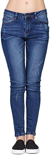 URBAN REVIVO Women Wash Worn-Out Denim Skinny Jeans Pants Trousers (Medium, Dark Blue)