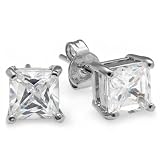 0.50 Ct White Stud Earrings Square Princess CZ 4MM Cubic Zirconia Basket Setting Platinum Plated Pushback Post