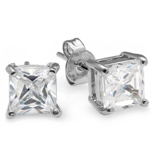 1.50 Ct White Stud Earrings Square Princess CZ 5MM Cubic Zirconia Basket Setting Platinum Plated Pushback Post