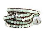 Azure Heart Amazonite Gemstone Wrap Bracelet with Silvery Hearts - Extra Long Leather Bracelet