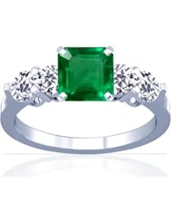 14K White Gold Emerald Cut Emerald Ring With Sidestones