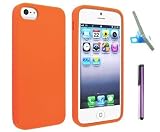 Orange Premium New Apple Iphone 5 TPU Gel Skin Phone Protector Cover Case With Screen Protector And Purple Touch Screen Stylus Pen, Phone Stand
