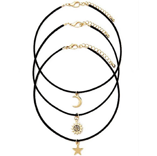 Moon Star Sun Set pendant Charm Leather Choker Necklace Chain Collar Fashion