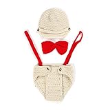 赤ちゃん子供 ウールキャップ ズボンつり セット ベビー ニット帽子 編み つりズボンショートパンツ 写真撮影 服 10ヶ月〜3歳 衣類 よだれ掛け (赤)