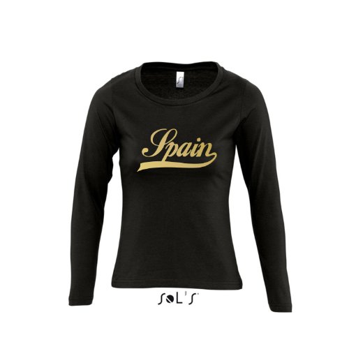 Spanien Oldschool Spain LÄNDERSHIRT EM / WM FAN Trikot – Damen Langarm Longsleeve T-Shirt S-XL , Deep black – gold , S