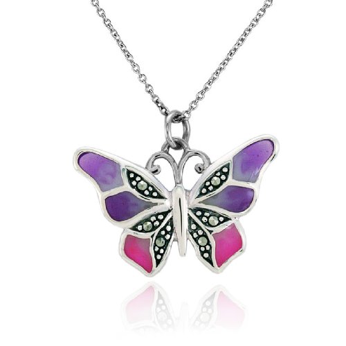 Sterling Silver Marcasite and Epoxy Butterfly Pendant, 18