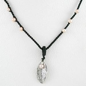Leaf Pendant with Pink Pearl Gemstone Bead on a 16" Thin Black Braided Choker Cord, #8813
