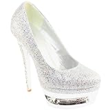 Womens High Heel Diamante Encrusted Platform Court Shoes Silver
