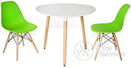 3-Piece Dining Set White Rounded Triangle Round Table Green Chairs Modern Wood Legs
