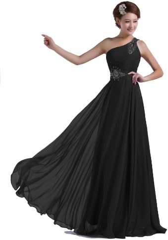 DLFASHION One-shoulder Floor Length Beaded Chiffon Prom Dress (0, Black)