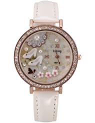 Romantic 3D High Heels Flower Pearl Rhinestone PU Leather Watch White