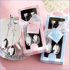 Silver Chrome Demitasse Spoons Baby Shower Favor in Pink of Blue Pram Box - Set of 4 (Box...