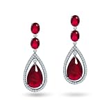 Bling Jewelry Ruby Red Color CZ Silver Oval Teardrop Dangle Chandelier Earrings