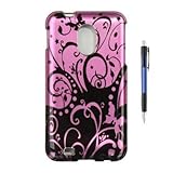 IMAGE OF Purple Black Butterfly Flower Vine Swirl Wave Design Protector Hard Cover Case for Samsung Epic Touch 4G D710 (SPRINT) + Luxmo Brand Car Charger + Bonus 1 of Rubber Grip Translucent Ball Point Pen