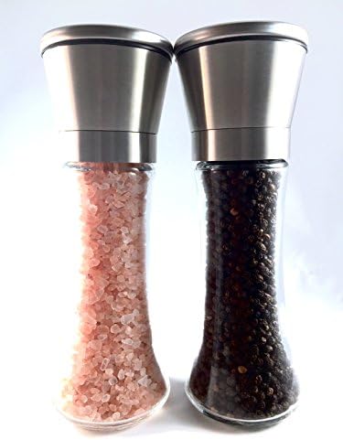 Coziii Premium Brushed Stainless Steel Salt and Pepper Grinder Set / Mill (Set of 2), 6 Oz Glass Tall Body, 5 Grade Adjustable Ceramic Rotor- Salt and Pepper Shakers by Coziii