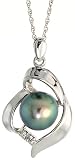 14k White Gold 18 Chain & 13/16 (21mm) tall Pendant, w/ Round Brilliant Diamonds & 8.0mm Black Pearl