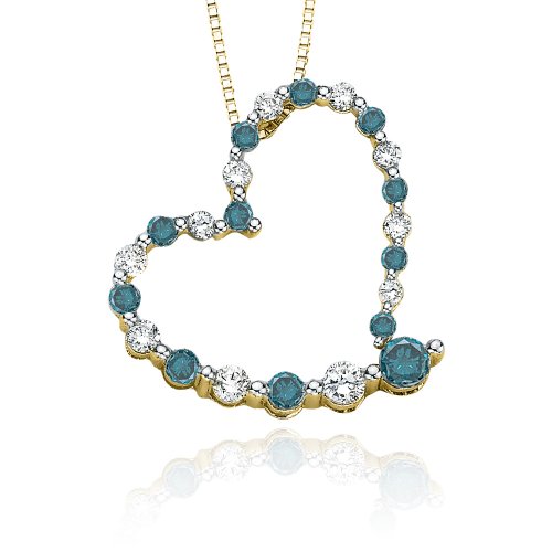 10k Yellow Gold Blue and White Diamond Journey Heart Pendant (1/4 cttw), 18