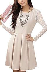 Long Sleeves Knee Length Dots Print Lace Pleated Mesh Belted Party Dress/Tunic 