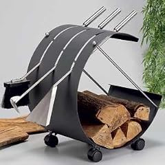 ALWE 337068 Kaminbesteck Stahl grau 4-tlg., + Holzkorb u.Rollen