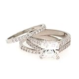 Sterling Silver Cubic Zirconia CZ Wedding Engagement Ring Set Sz 5
