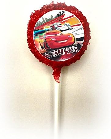 12 count CARS LIGHTNING MCQUEEN White Chocolate Covered Oreo Cookie Pops 1 Dozen Chocolate Covered Double Stuffed &amp; Double Dipped Edible Image Cookies Oreos Party Favors Desserts Gifts Party Supplies Red Sprinkles on a stick &amp; Individually Wrapped