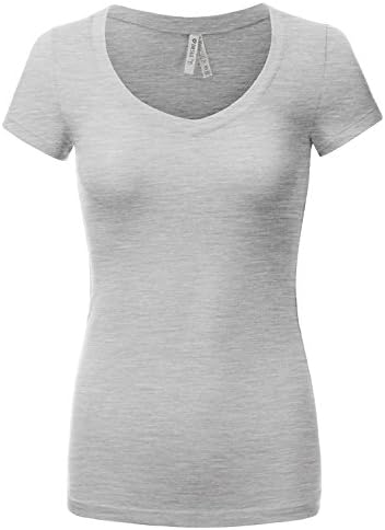 DRESSIS Women's Basic Deep Plunging V neck Cap Sleeve Slim T-Shirt HGREY L
