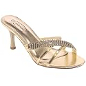 Womens Gold Mid Heel Diamante Sandals