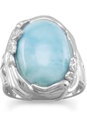 Rhodium Plated Larimar Ring with Leaf Design
