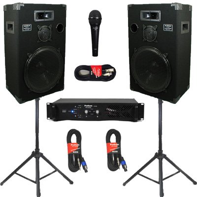 New Studio Speakers 15 Three Way Pro Audio Monitor Pair Stands Amp Cables and Mic Set for PA DJ Home or Karaoke 1500CSET