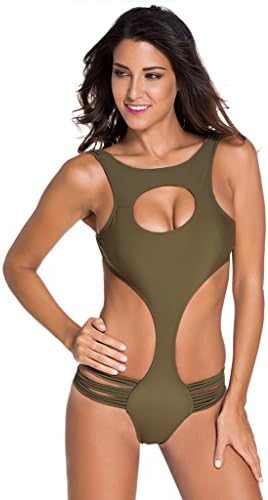 BeCrazier Women's Dare Devil Strappy Olive Open Front Monokini Swimsuit