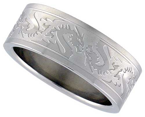Surgical Steel 5/16 (8mm) Flat Band with Dragon Pattern