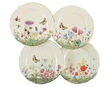Gracie Bone China 7-1/2-Inch Dessert Plate, Assorted 4 Designs, Pink Green Meadow, Set of 4