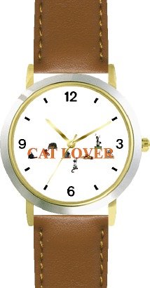 Cat Lover's Collage - Cat Cartoon or Comic - JP Animal - WATCHBUDDY® DELUXE TWO-TONE THEME WATCH - Arabic Numbers - Brown Leather Strap-Size-Children's Size-Small ( Boy's Size & Girl's Size )