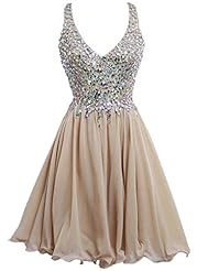 Sexy A-line V-neck Cocktail Short Crystal Crystals Sleeveless Chiffon Prom Dress/Party Dress 